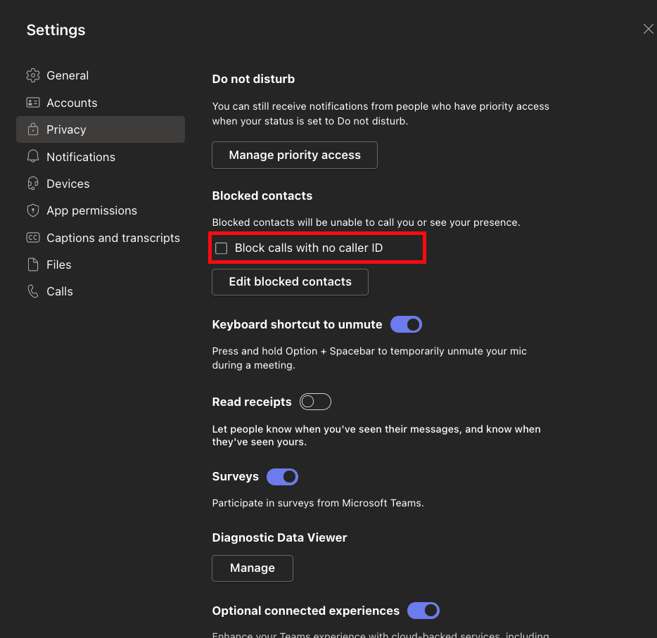 Block Calls with no caller ID in Microsoft Teams