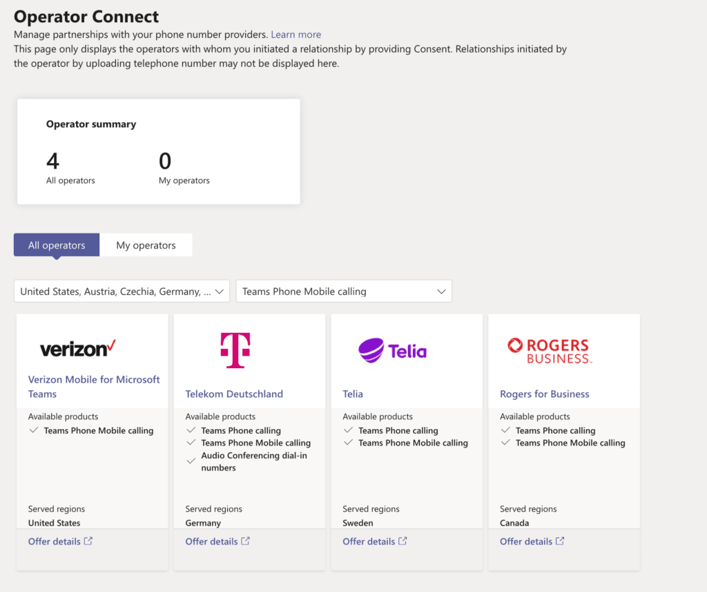 List of the current Microsoft Teams Phone Mobile Operators
