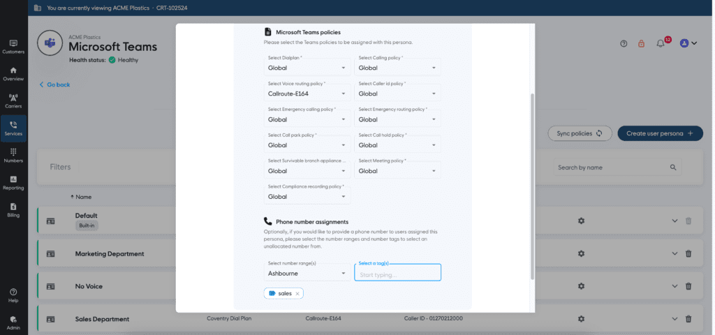 Assigning a Number Ranges to a Callroute User Persona