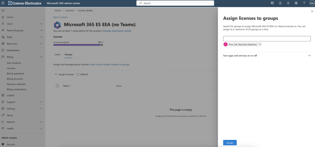 Assign license to groups in Microsoft 365 admin center Assign license to groups in Microsoft 365 admin center
